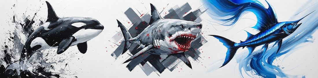 Reflectionare’s "Abstract Ocean Life" banner featuring high-contrast digital art of an Orca, a Great White Shark, and a Sailfish with expressive, abstract brushwork.