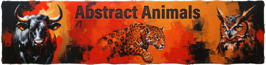 Reflectionare art banner for "Abstract Animals" collection, featuring a powerful bull, an agile leopard, and a wise owl against a fiery orange abstract background with expressive brushwork.