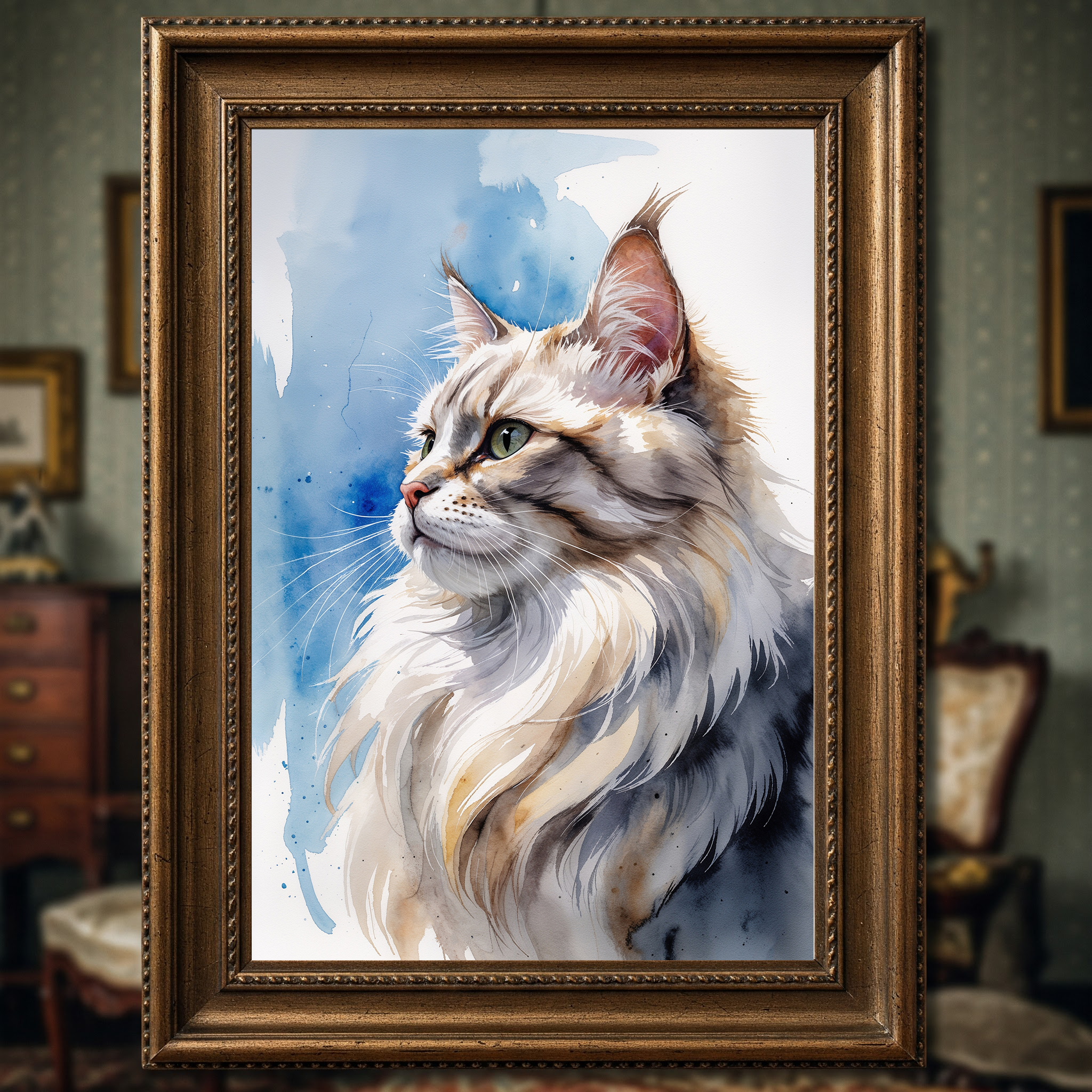 Watercolor Maine Coon Cat Art Print | Digital Download