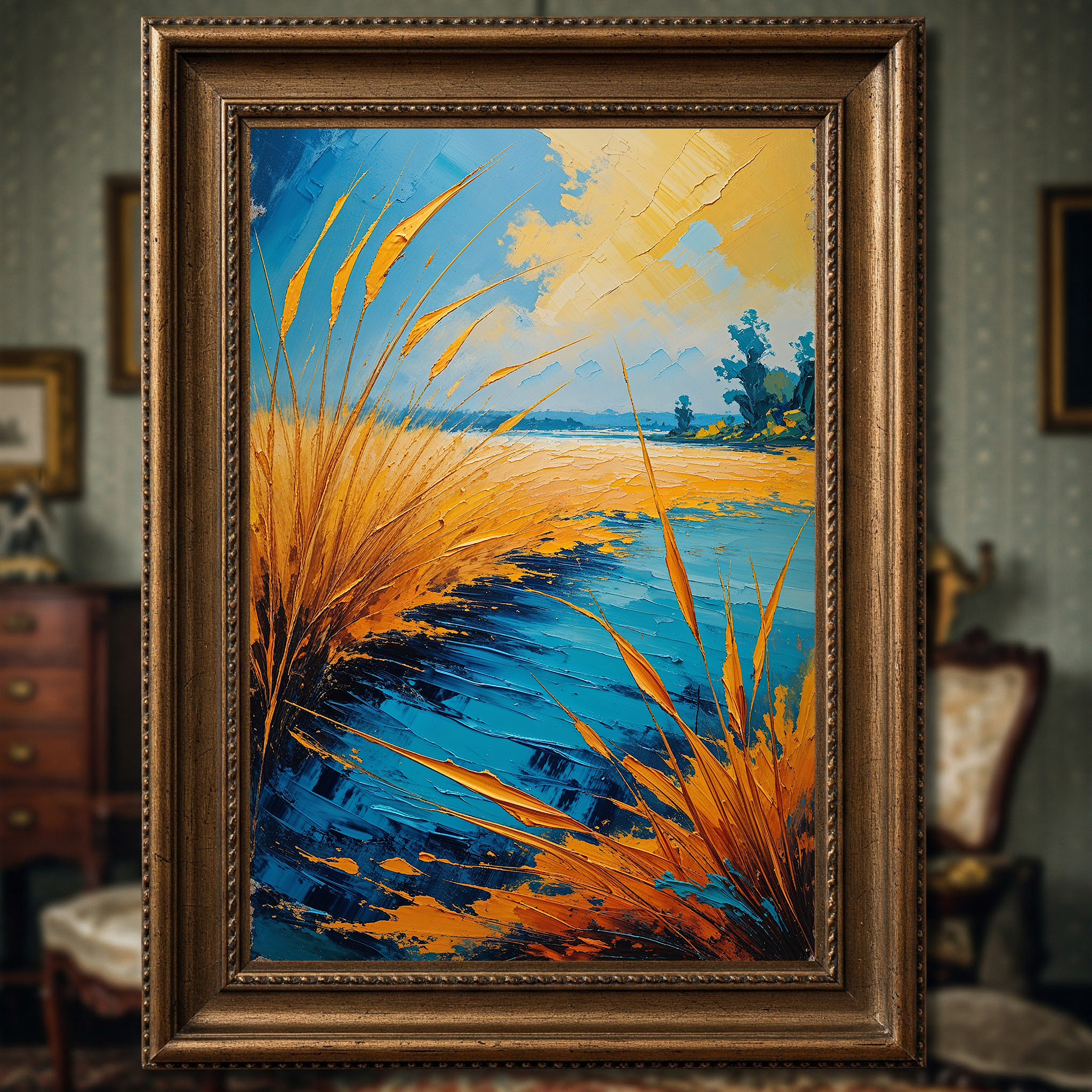 Vintage Lakeside Reeds Wall Art Print | Impressionist Lake Landscape
