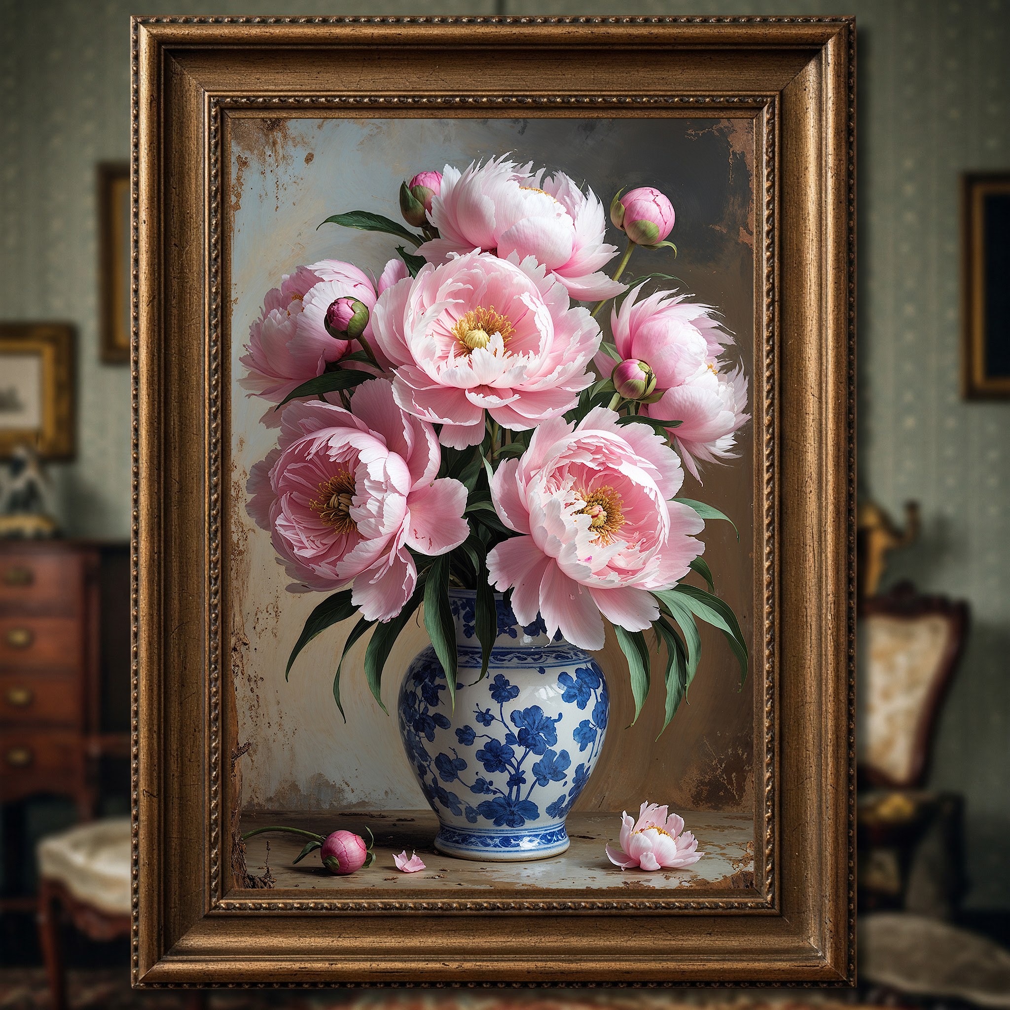 Vintage Pink Peony Bouquet Wall Art Print | Impressionist Floral Decor