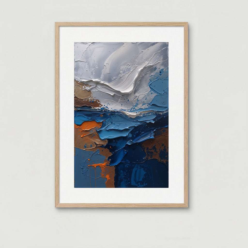 Abstract coastline impasto oil painting print by Reflectionare, modern textured seascape digital art on canvas.