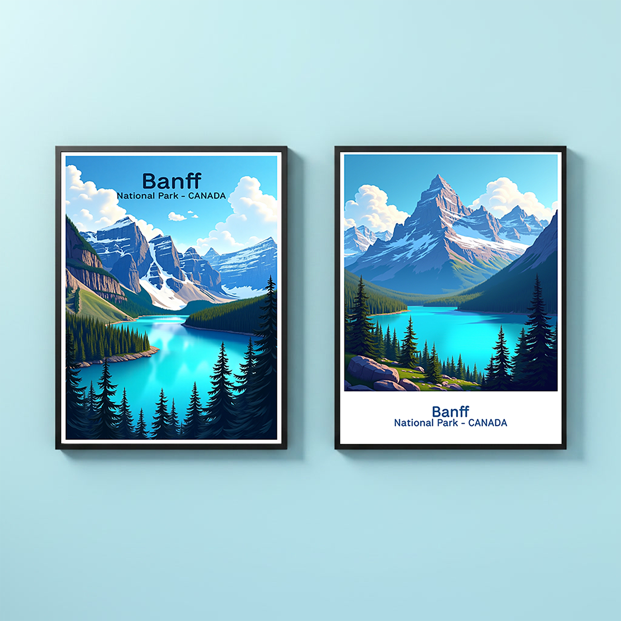 Digital art print of Banff National Park by Reflectionare, showcasing mountain landscapes and natural scenery in vibrant colors.