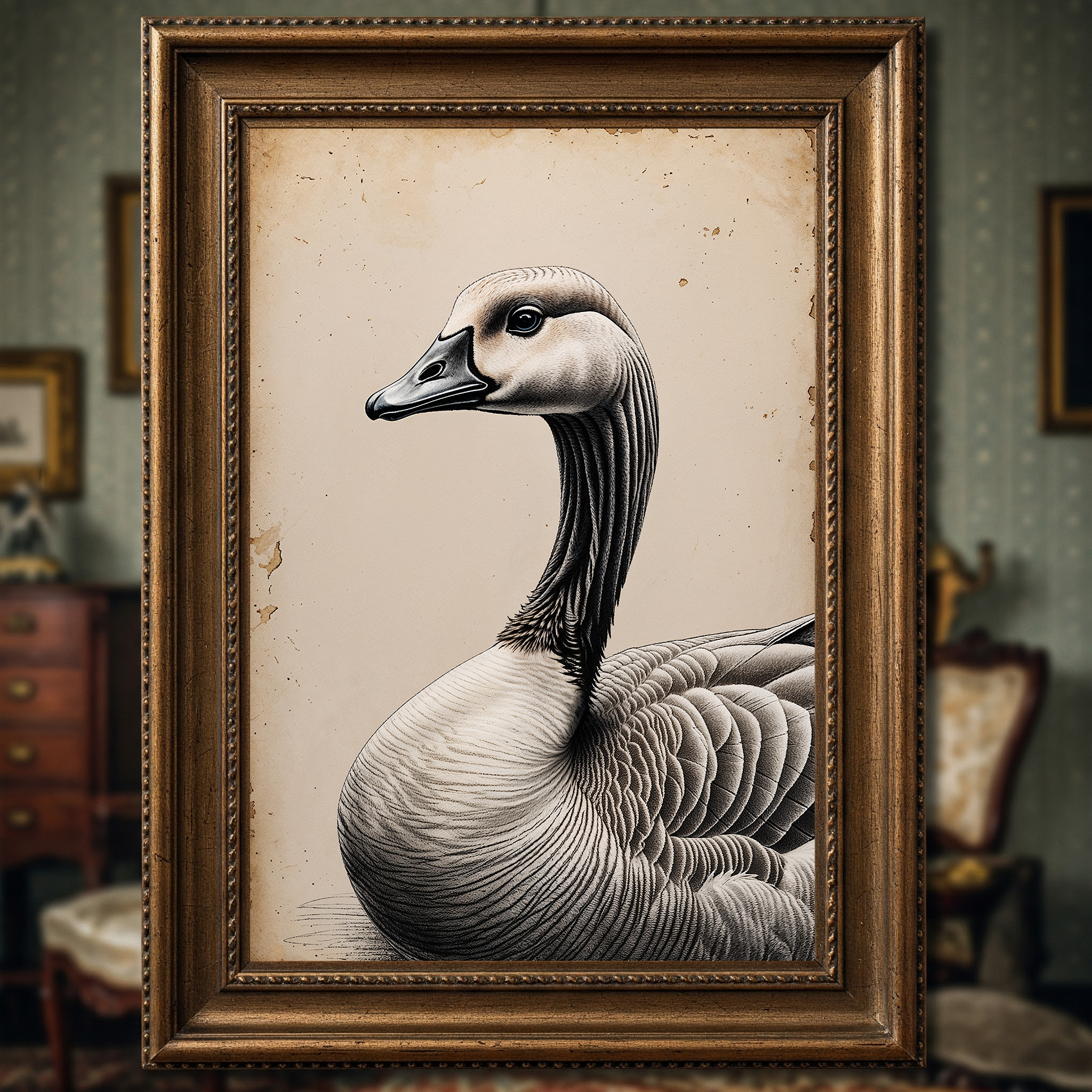 Vintage goose portrait digital print by Reflectionare, detailed farm bird illustration showcasing a classic goose artwork.