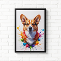 Colorful Corgi digital art by Reflectionare featuring a vibrant, multicolored corgi illustrated in a playful style.
