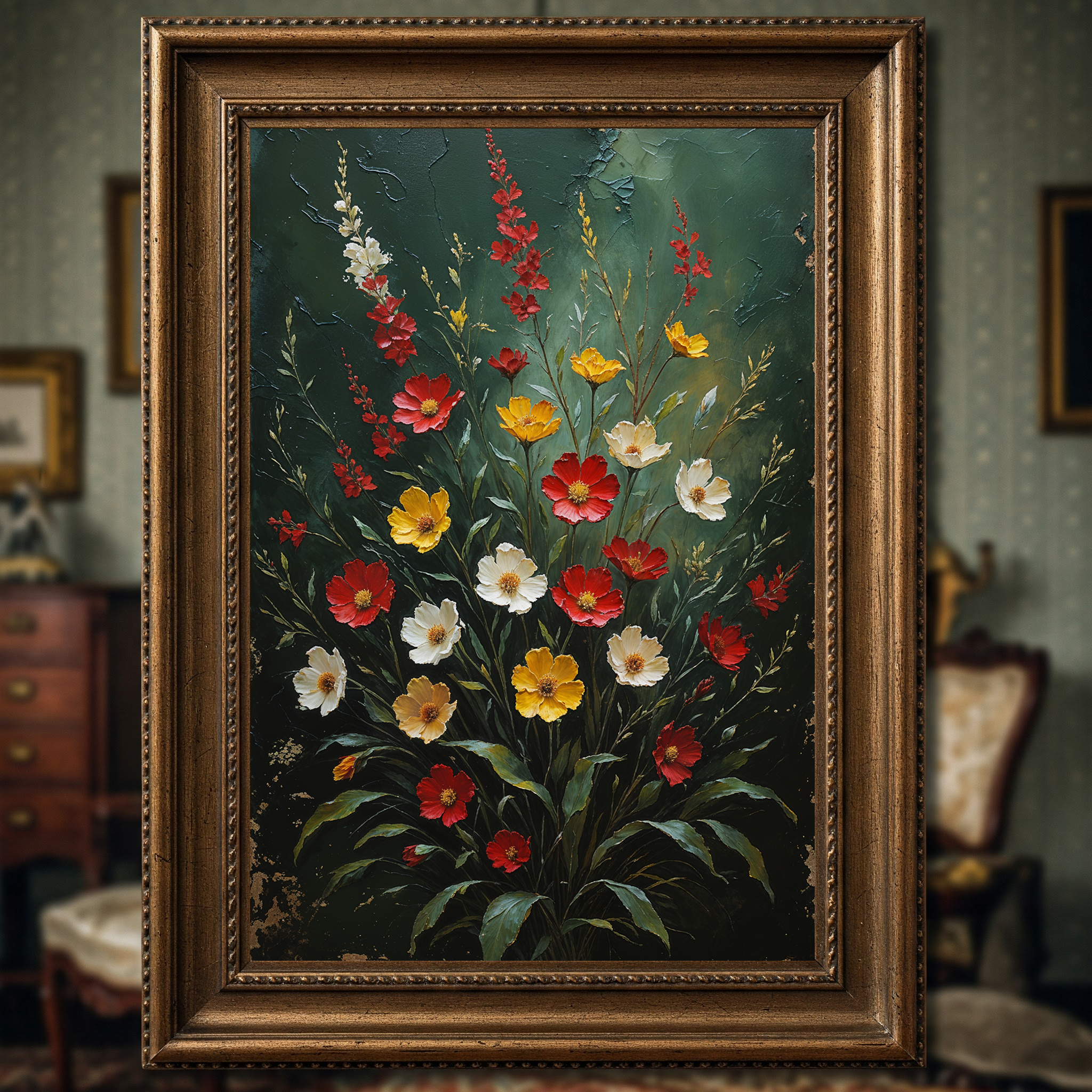 Vintage floral impasto art print by Reflectionare featuring retro flower wall decor with vibrant, textured digital floral artwork.