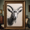 Detailed digital print of a vintage goat portrait art by Reflectionare, showcasing a farm animal illustration on a white background.