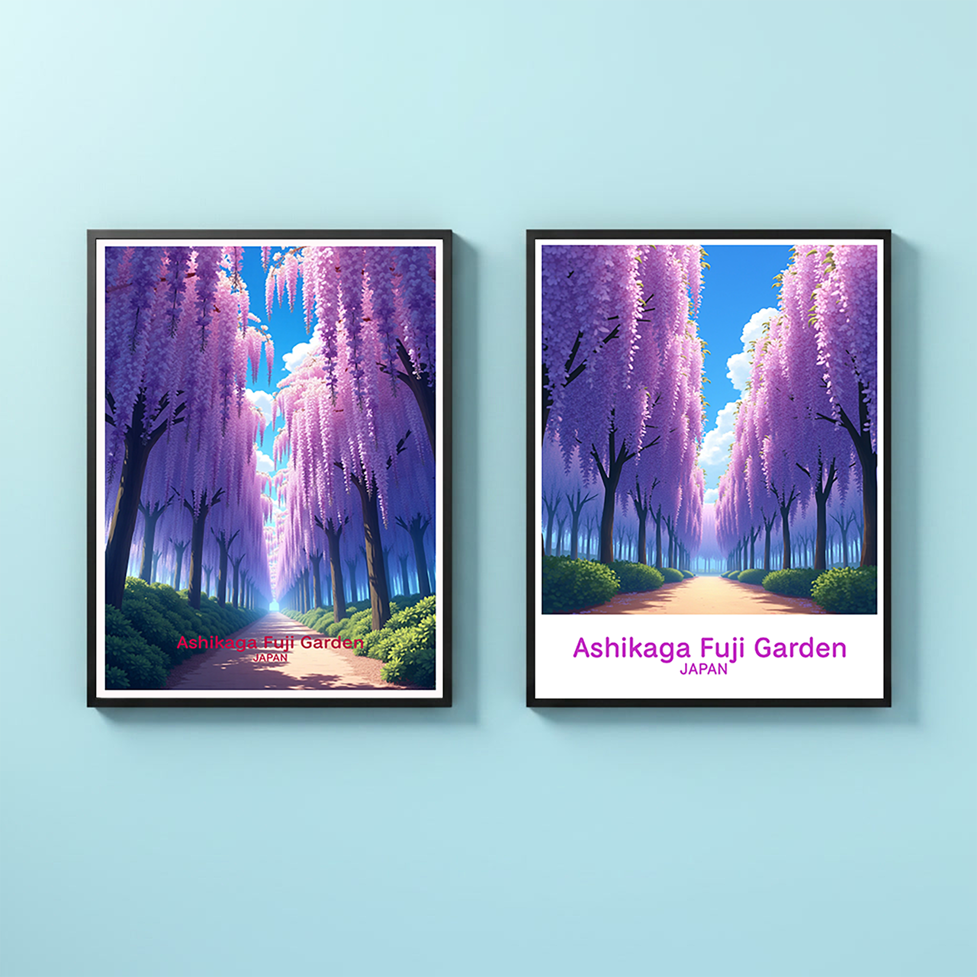Digital art of Ashikaga Fuji Garden by Reflectionare, showcasing vibrant cherry blossoms and lush greenery in a serene landscape.