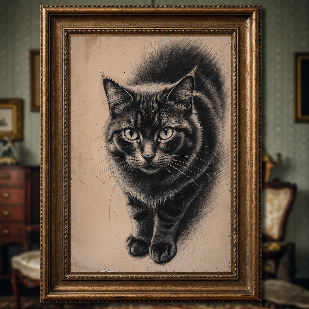 Vintage cat portrait art print by Reflectionare, featuring retro animal wall decor in digital art style.