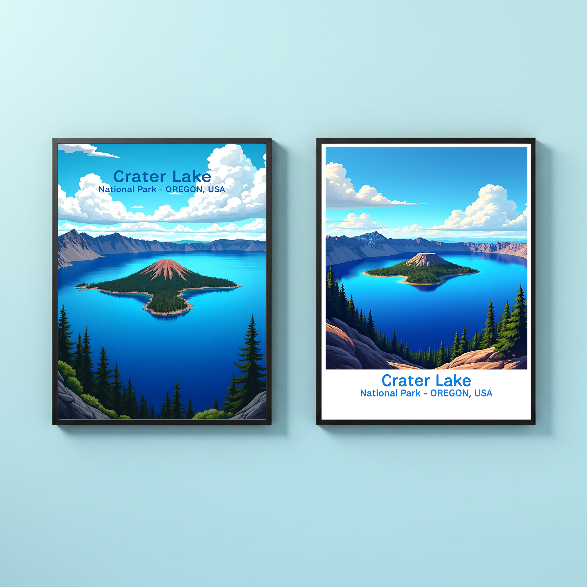 Digital art of Crater Lake National Park by Reflectionare, showcasing a scenic view of the lake and surrounding cliffs in vibrant colors.