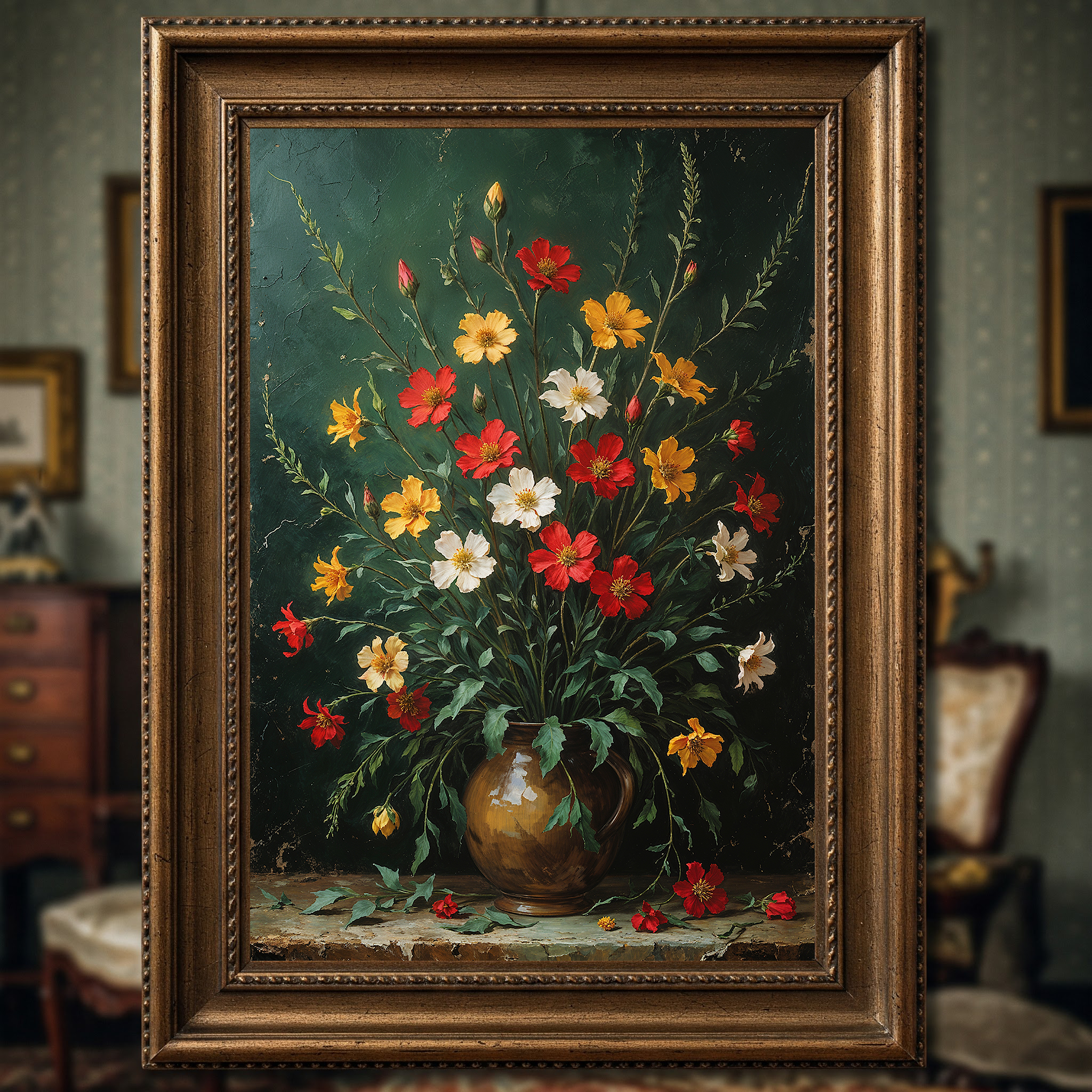 Digital art print of vintage floral bouquet with retro flower still life design by Reflectionare, featuring colorful, detailed flowers.