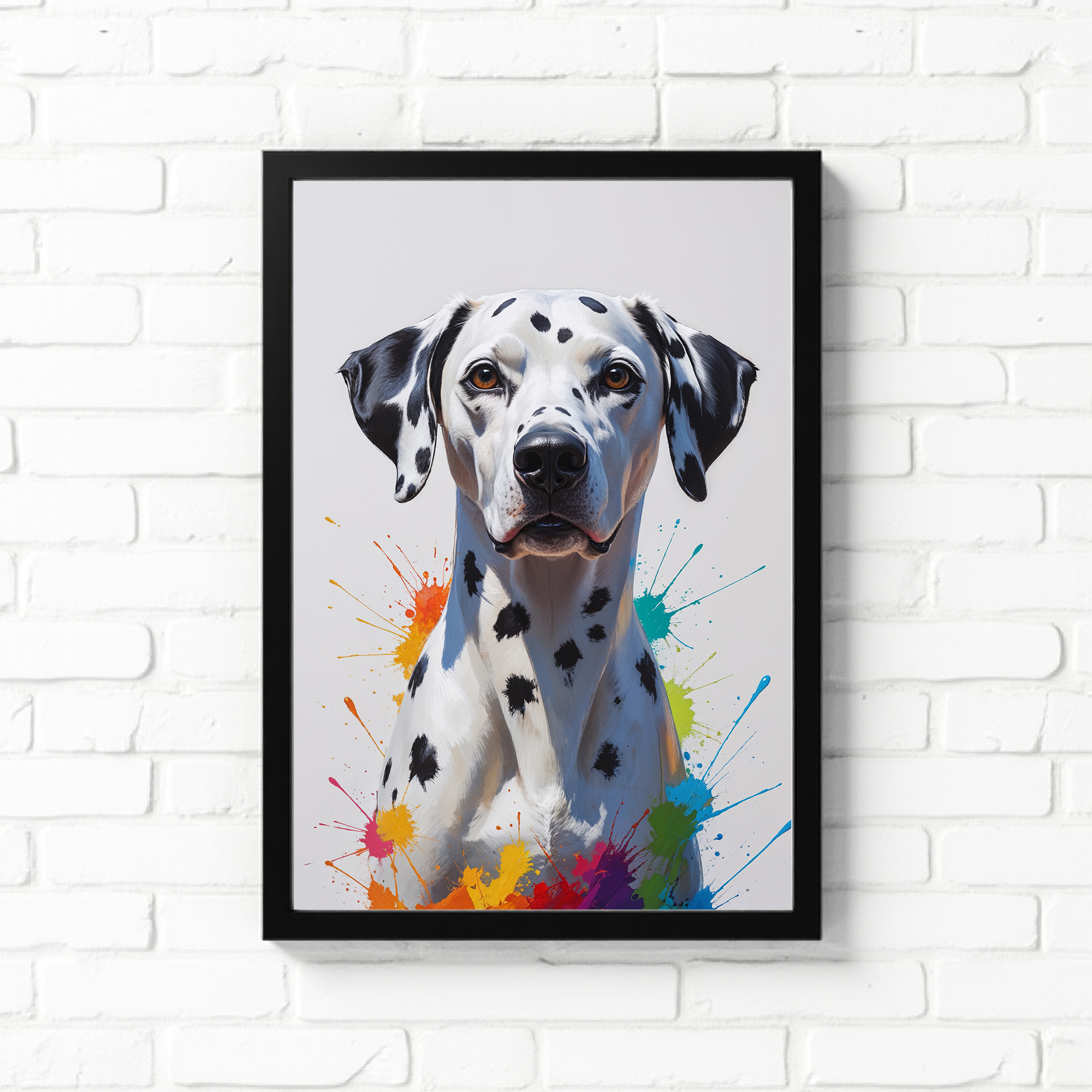 Colorful Dalmatian digital art by Reflectionare featuring a vibrant, abstract dog with bright, multicolored spots.