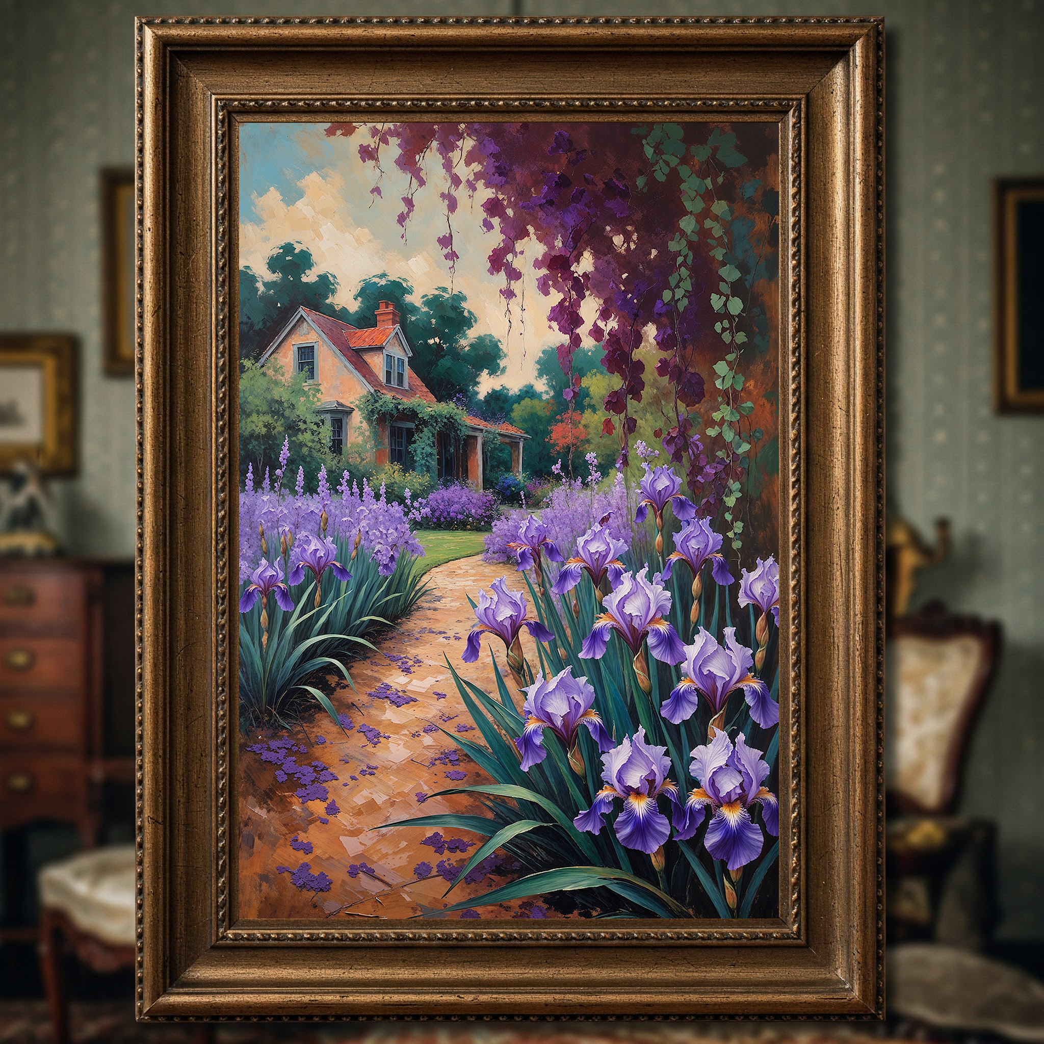 Vintage Iris Garden Wall Art Print | Impressionist Floral Decor