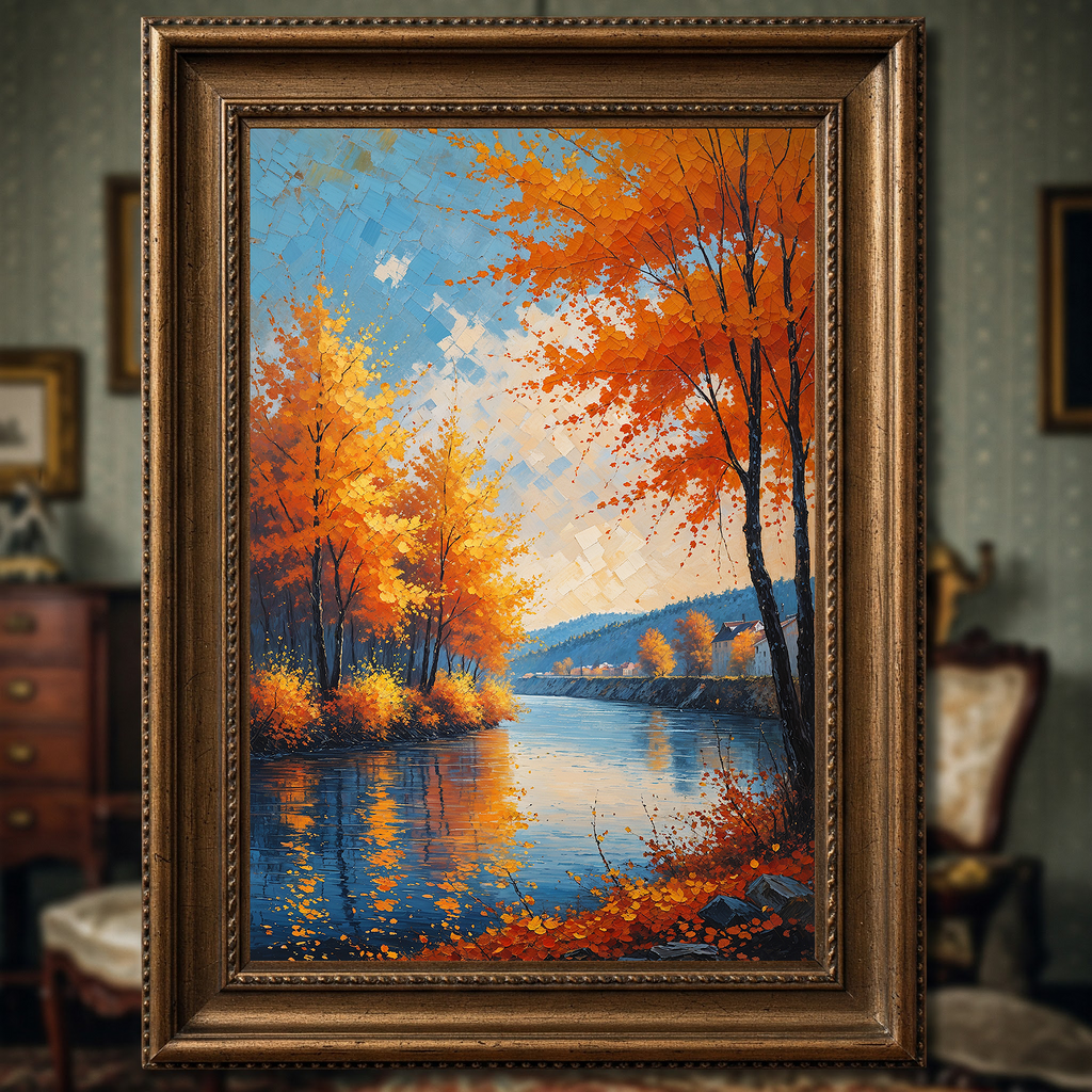 Vintage Autumn River Wall Art Print by Reflectionare, featuring a retro landscape digital art scene with colorful autumn trees and river.
