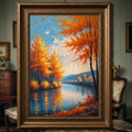 Vintage Autumn River Wall Art Print by Reflectionare, featuring a retro landscape digital art scene with colorful autumn trees and river.