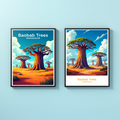 Digital art of Baobab trees by Reflectionare showing tall, majestic trees with a vibrant, artistic background.