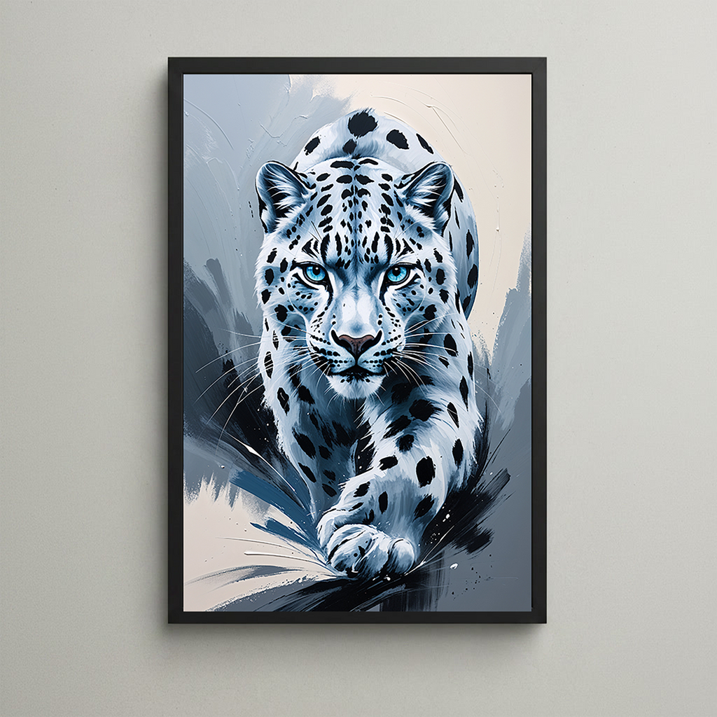 Abstract snow leopard digital art print by Reflectionare, modern wildlife wall decor featuring a stylized snow leopard design.