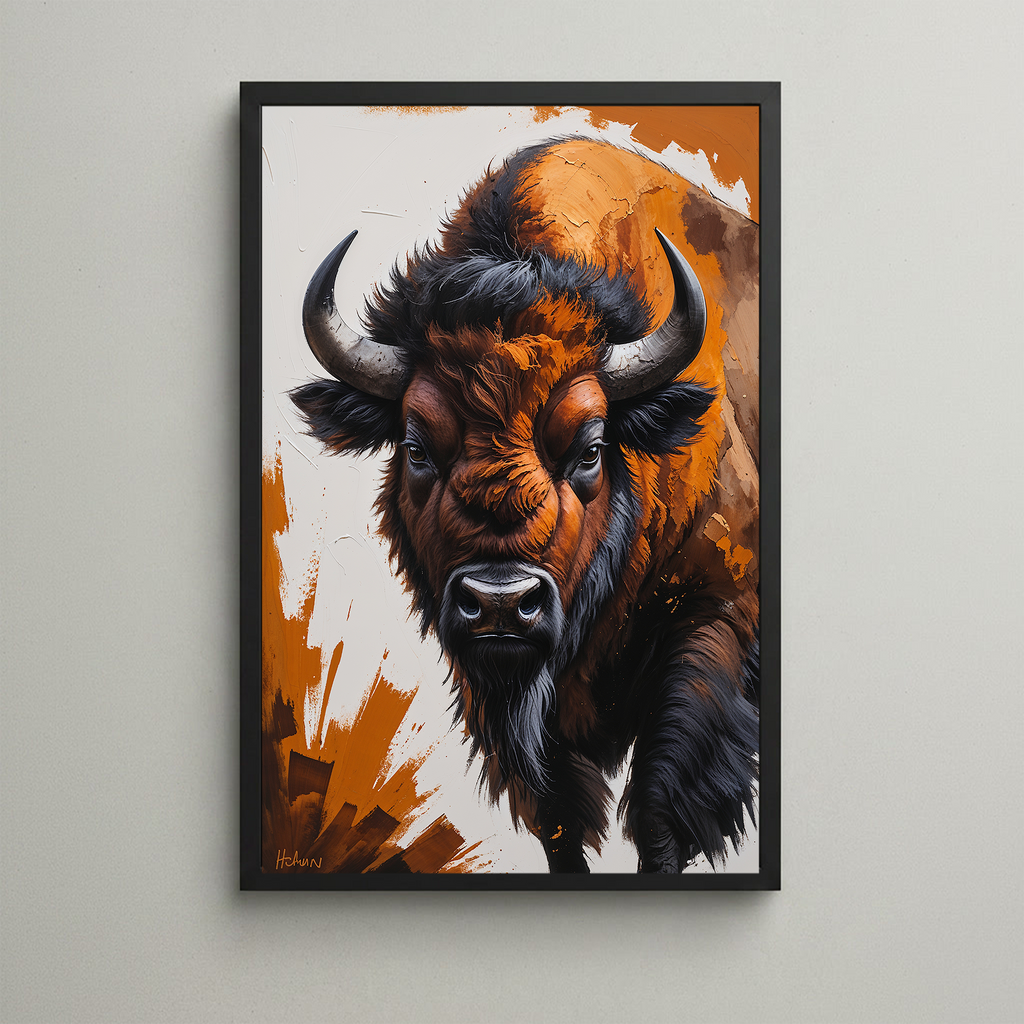 Abstract buffalo digital art print by Reflectionare featuring modern wildlife wall decor with bold, vibrant colors and contemporary design.