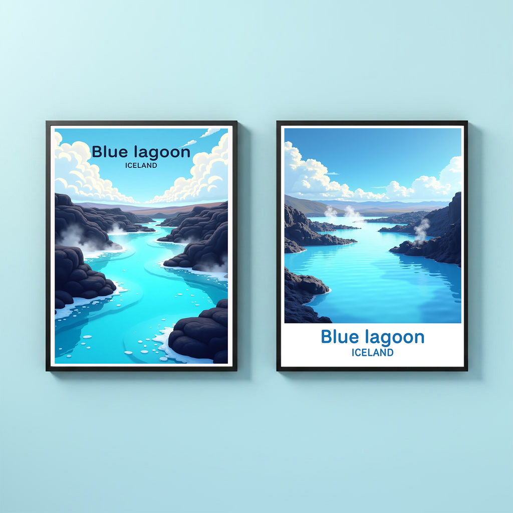 Blue Lagoon digital art by Reflectionare, showcasing a serene lagoon scene with vibrant blue water and lush surroundings.