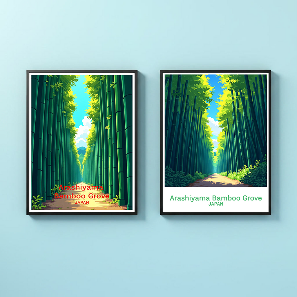 Digital art of Arashiyama Bamboo Grove by Reflectionare, showcasing lush green bamboo stalks and tranquil forest scenery.