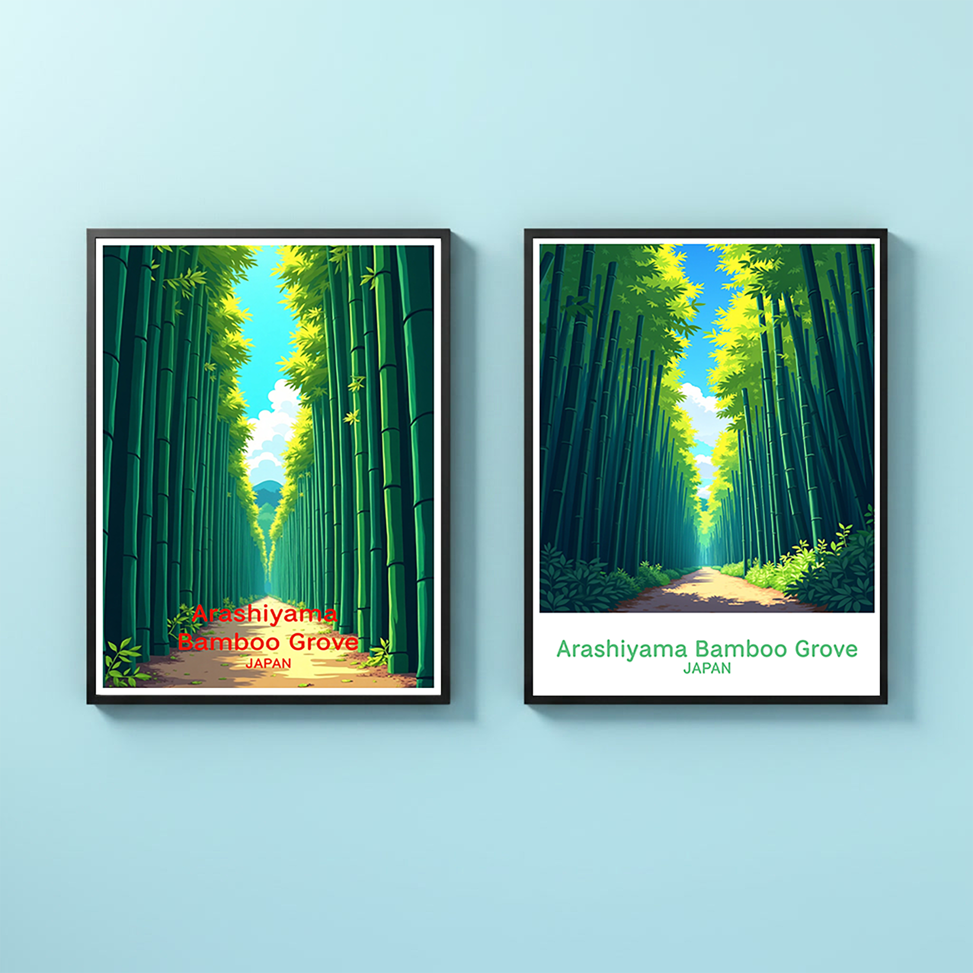 Digital art of Arashiyama Bamboo Grove by Reflectionare, showcasing lush green bamboo stalks and tranquil forest scenery.