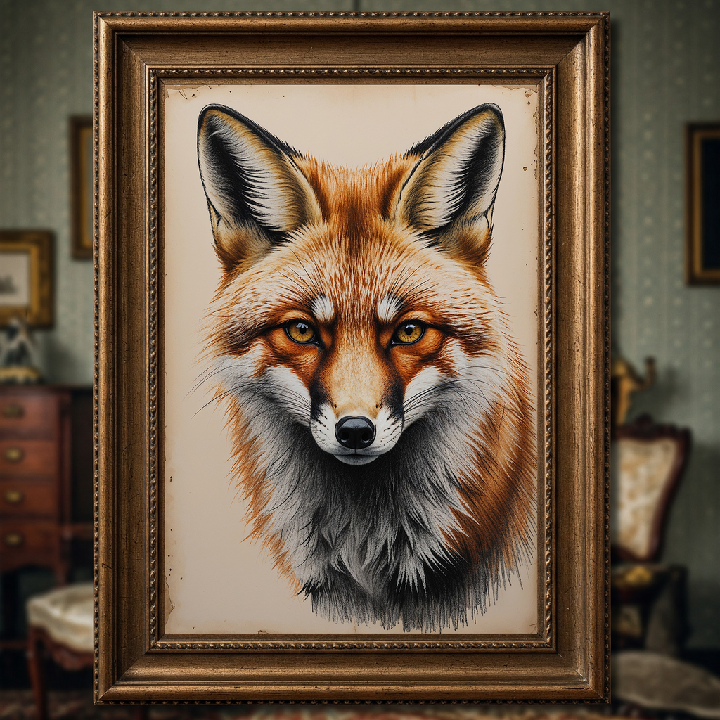 Detailed digital print of a vintage fox portrait wildlife art by Reflectionare, showcasing a realistic fox illustration.