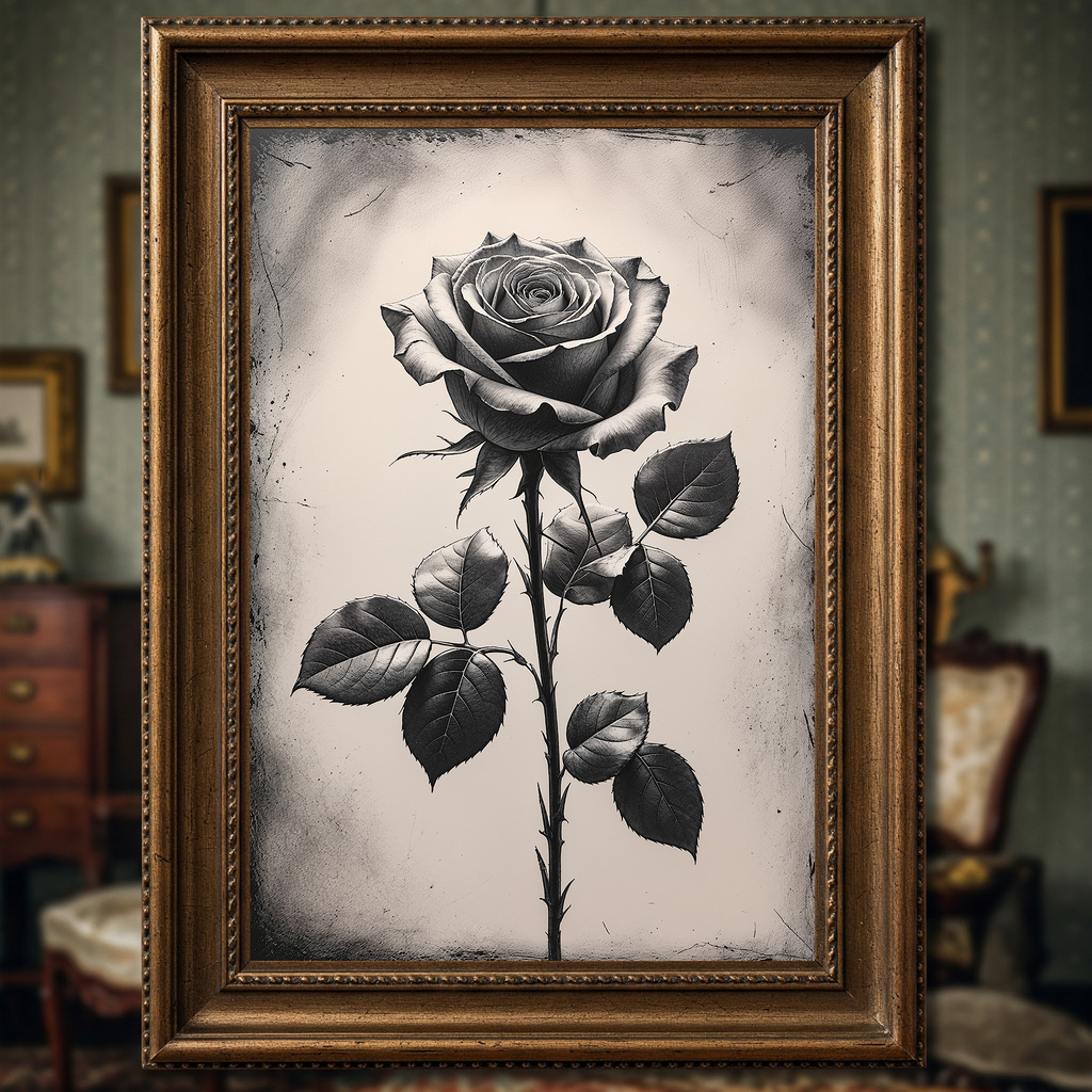 Vintage Monochrome Rose Wall Art Print | Black and White Floral Decor