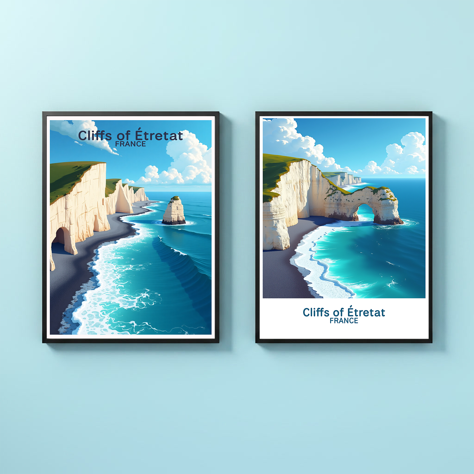Digital art of the Cliffs of Étretat by Reflectionare, showcasing rugged chalk cliffs and coastal landscape in vivid detail.