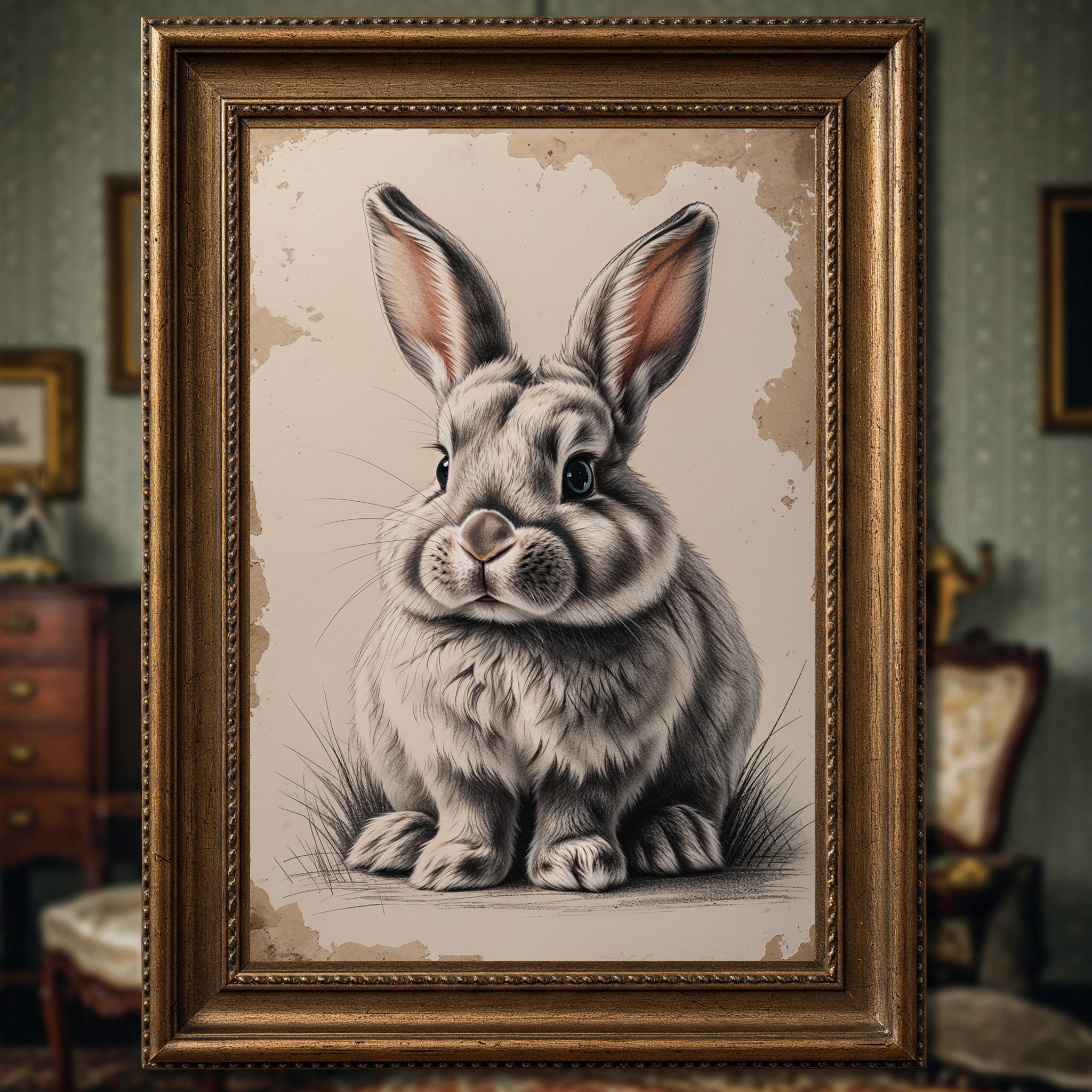 Vintage bunny portrait art print by Reflectionare, featuring a retro animal wall decor digital illustration of a bunny.