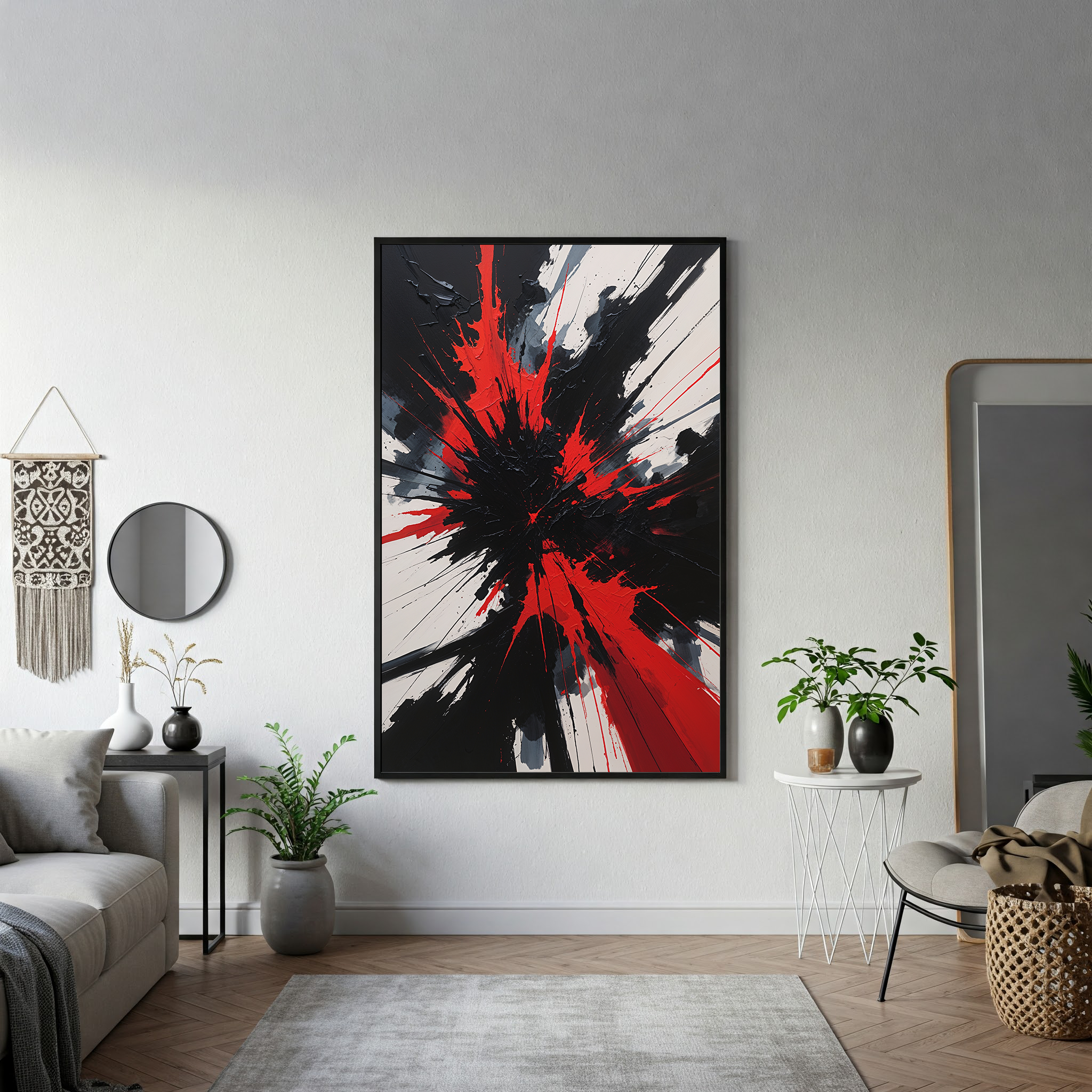 Abstract Eruption Impasto art print by Reflectionare featuring dramatic black and red textured wall decor, digital wall art.