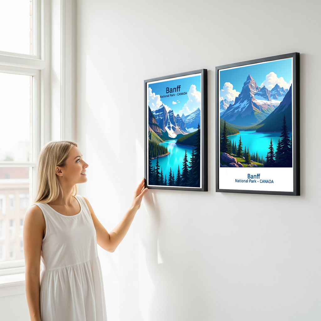 Reflectionare digital art of Banff National Park featuring mountain scenery and lush forests in vibrant colors.