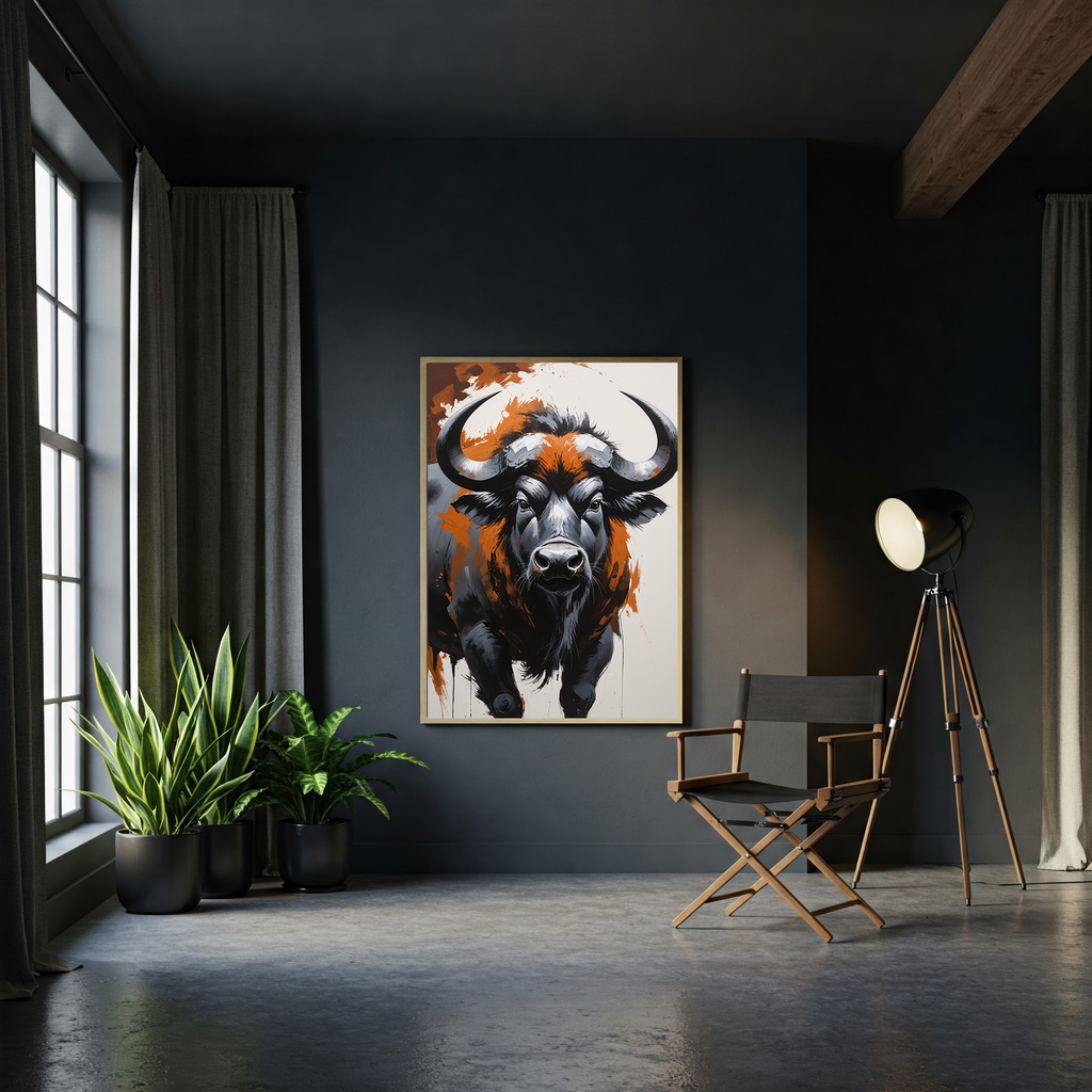 Abstract African buffalo digital art print by Reflectionare, modern wildlife wall decor featuring bold, vibrant animal imagery.