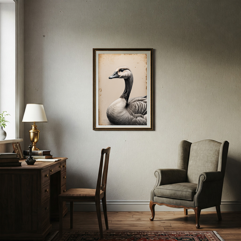 Vintage goose portrait digital art by Reflectionare showing a detailed farm bird illustration on a neutral background.
