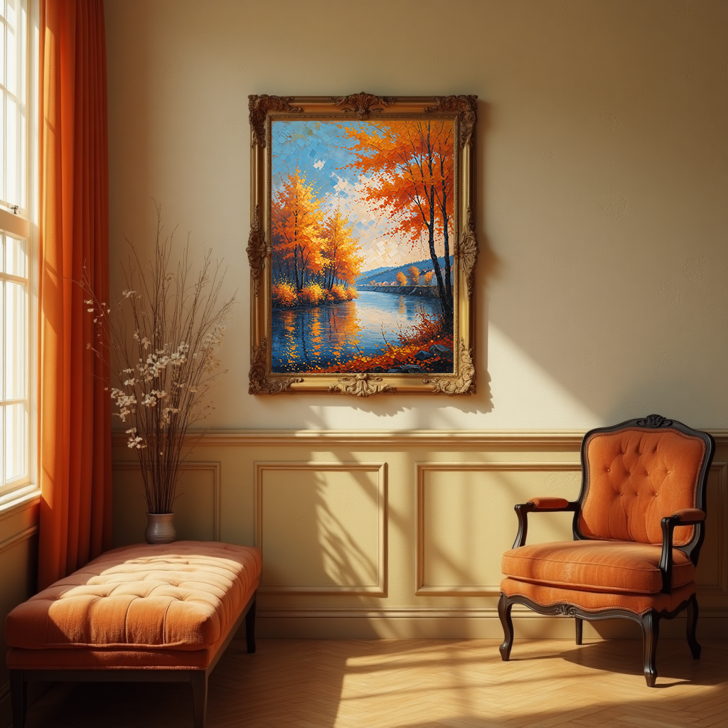 Vintage Autumn River wall art print by Reflectionare, showcasing a retro landscape scene with colorful trees and flowing river.