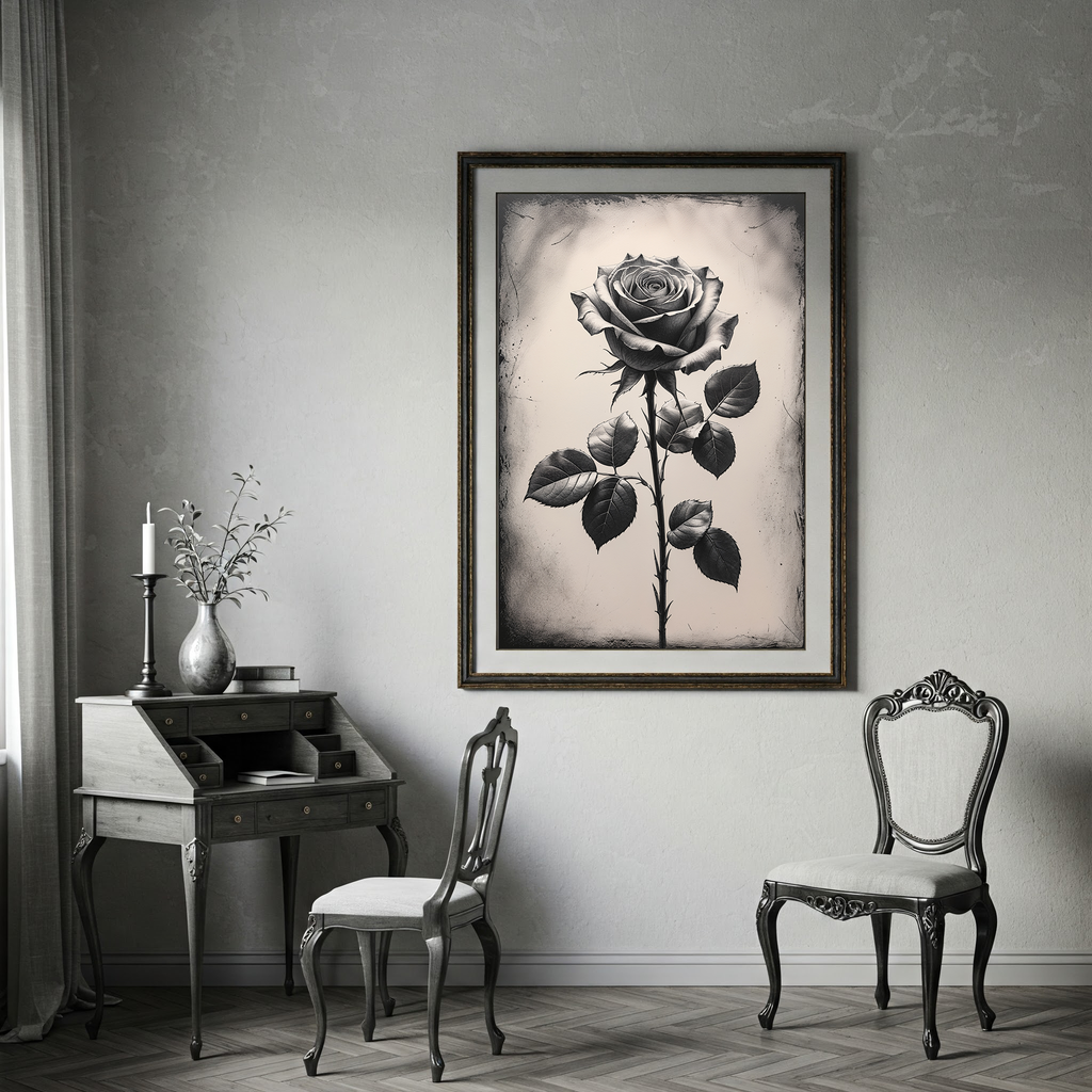 Vintage Monochrome Rose Wall Art Print | Black and White Floral Decor