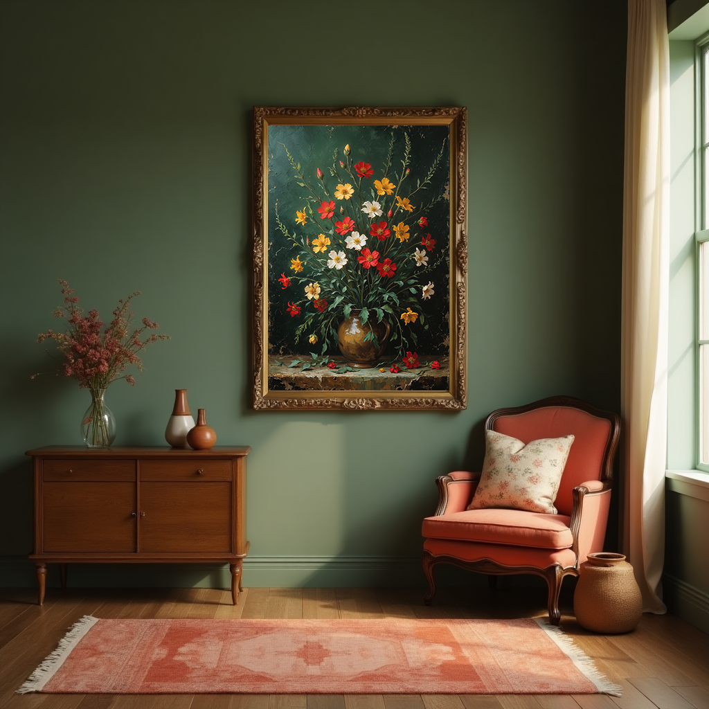 Digital art of a vintage floral bouquet, retro flower still life decor by Reflectionare, featuring colorful, detailed flower illustrations.