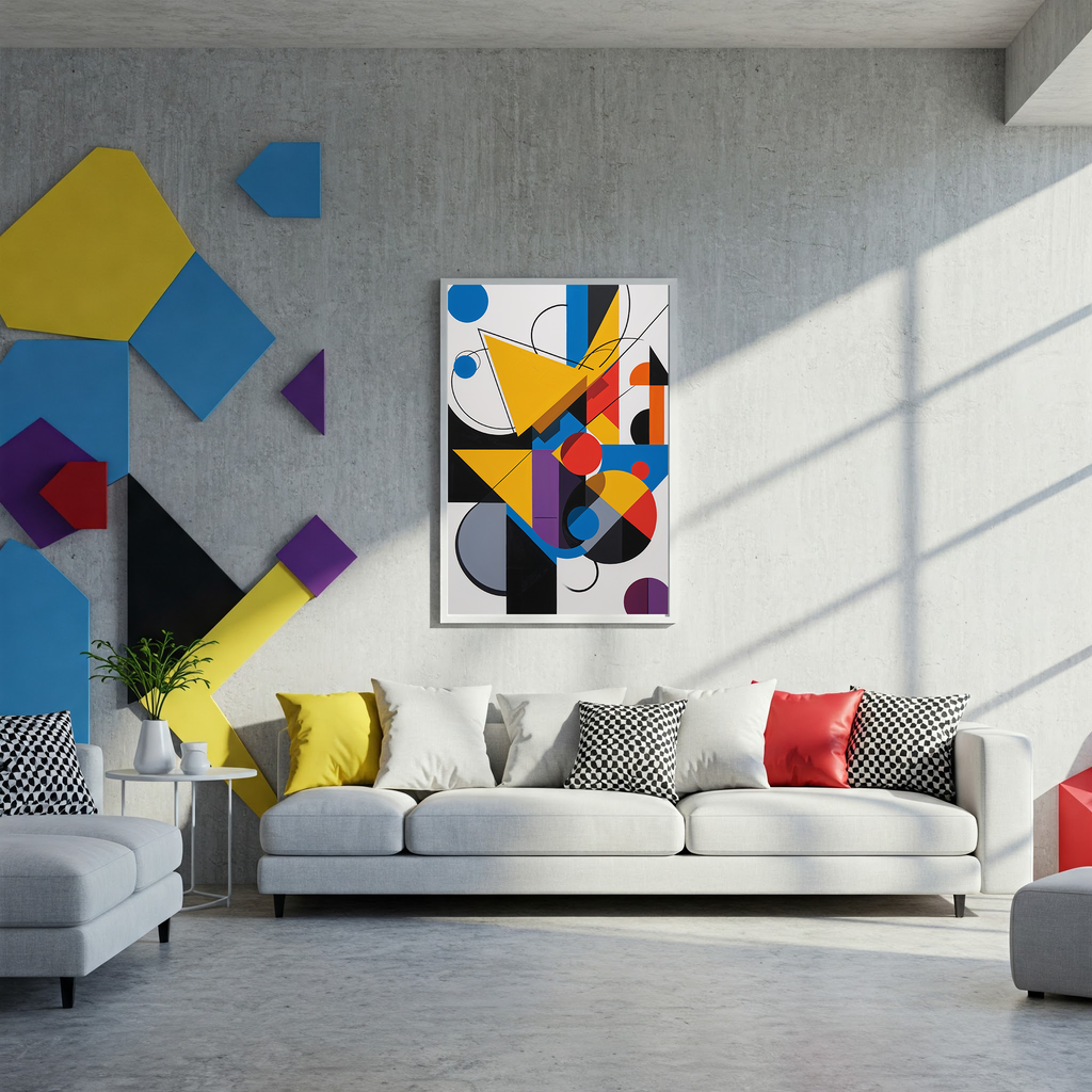 Digital abstract geometric art print by Reflectionare featuring modern Bauhaus-inspired wall decor with vibrant shapes and bold lines.
