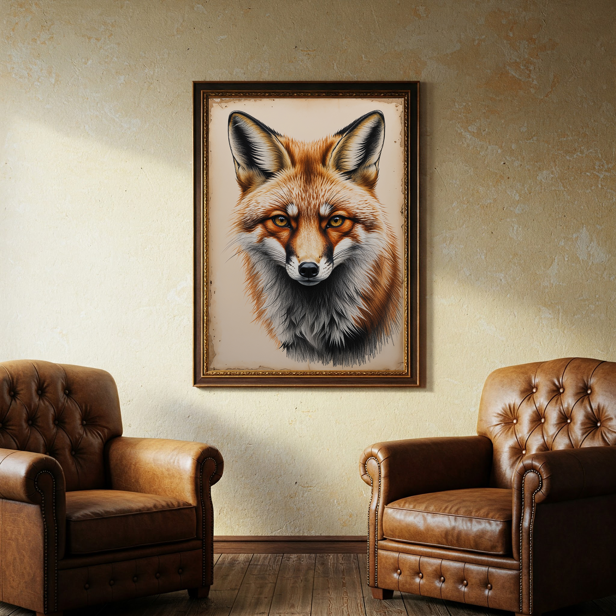 Reflectionare vintage fox portrait digital art showcasing detailed wildlife illustration on a clean background.