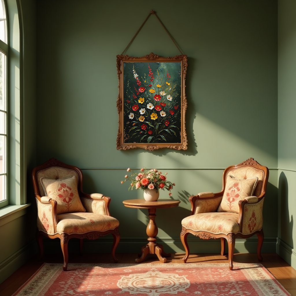 Vintage floral impasto art print by Reflectionare featuring retro flower wall decor in textured digital art style.