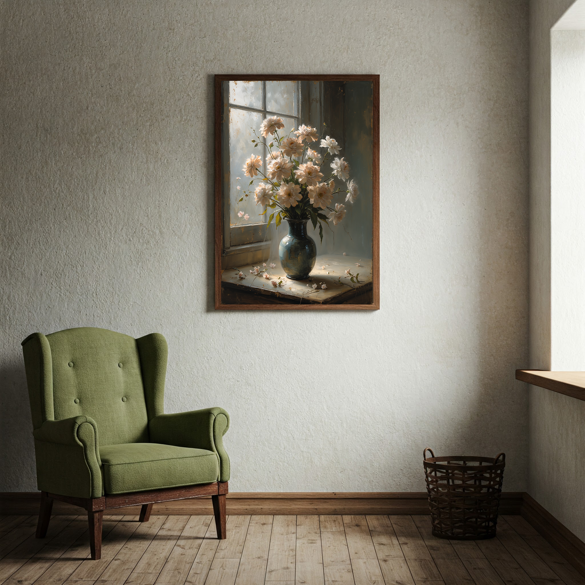 Vintage floral still life digital art featuring an elegant flower bouquet in a vase, wall art print by Reflectionare.