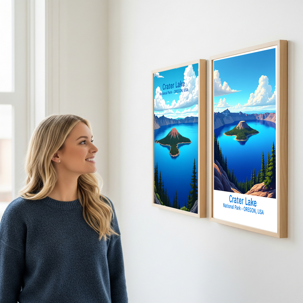 Digital art of Crater Lake National Park by Reflectionare, showcasing scenic lake with surrounding cliffs and vibrant natural landscape.