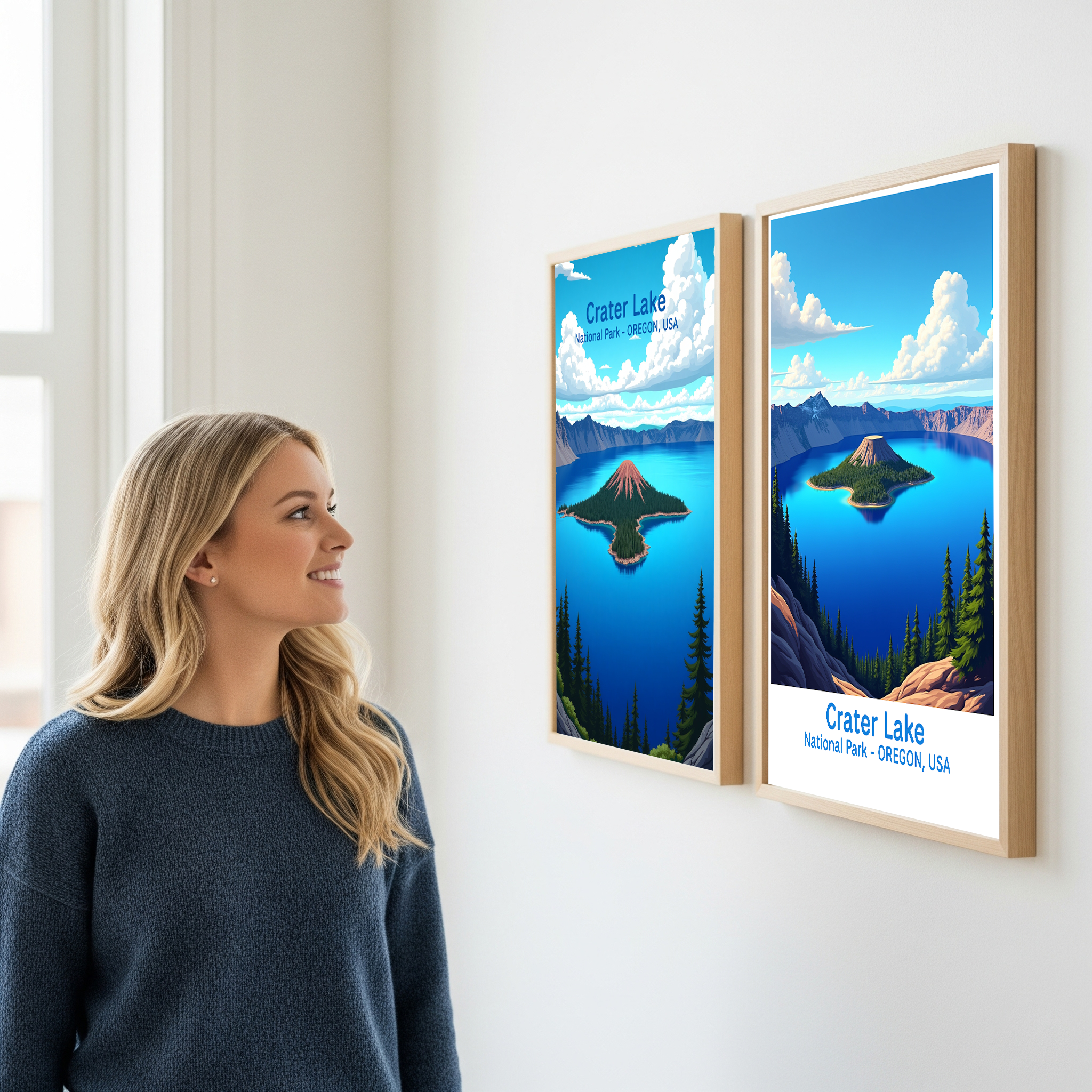 Digital art of Crater Lake National Park by Reflectionare, showcasing scenic lake with surrounding cliffs and vibrant natural landscape.