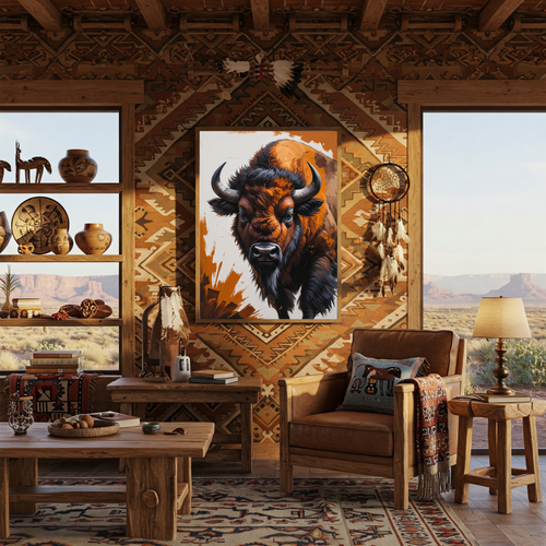 Abstract buffalo digital art print by Reflectionare featuring modern wildlife wall decor in vibrant colors and striking design.