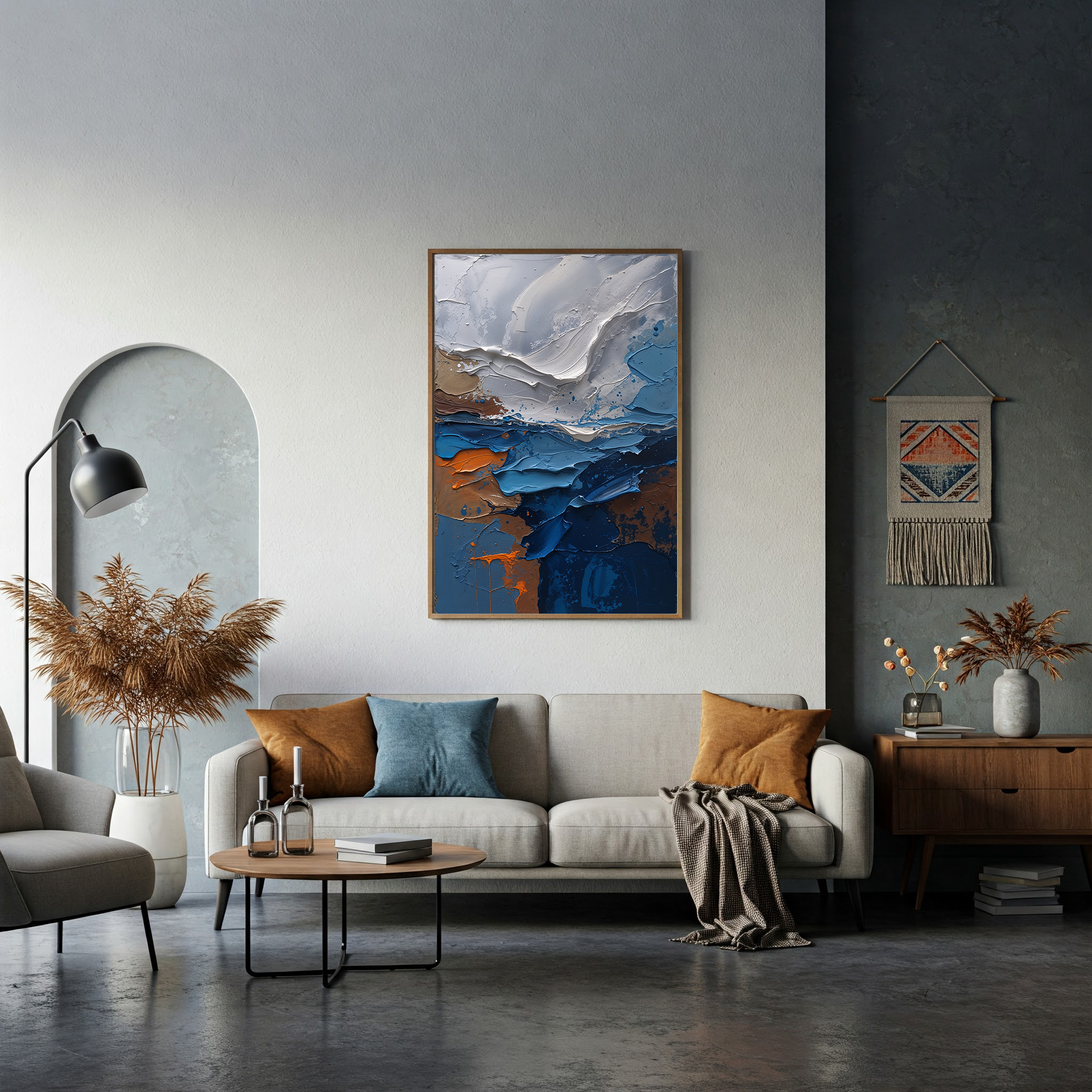 Abstract coastline impasto oil painting print by Reflectionare, modern textured seascape art digital print on canvas