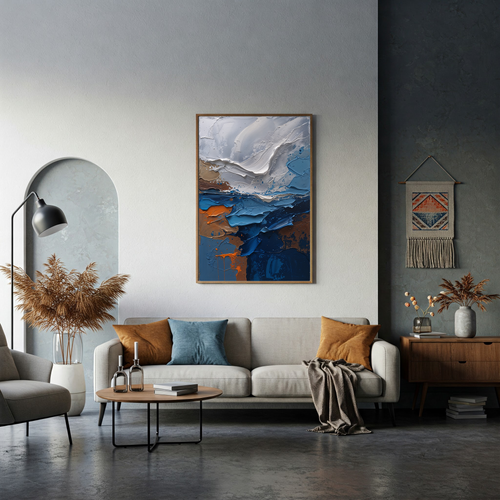 Abstract coastline impasto oil painting print by Reflectionare, modern textured seascape art digital print on canvas