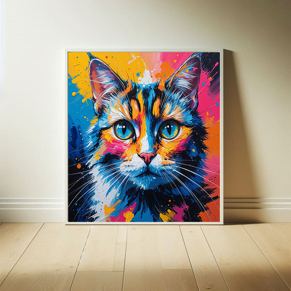 Abstract cat portrait digital art by Reflectionare featuring vibrant colors and modern design, showcasing a stylized feline image.