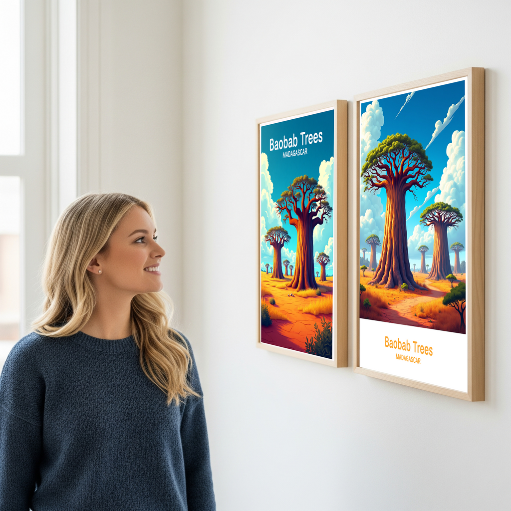 Digital art of Baobab trees by Reflectionare, featuring vibrant colors and detailed tropical landscape illustration.