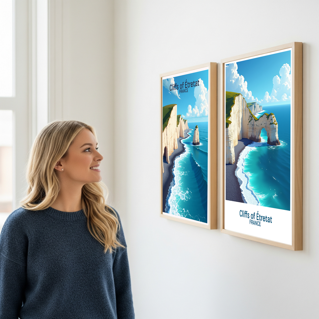 Digital art of the Cliffs of Étretat by Reflectionare, showcasing dramatic white chalk cliffs and rugged coastal scenery.
