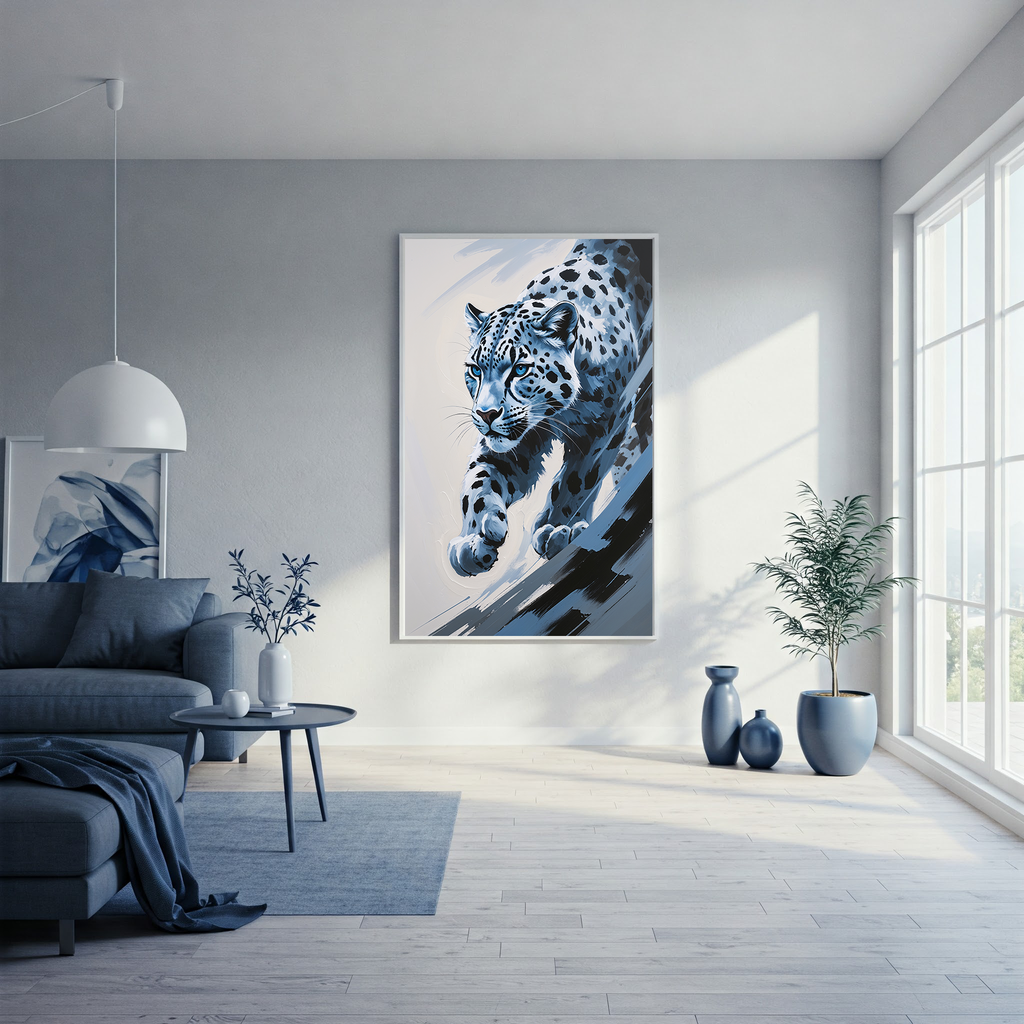 Abstract Snow Leopard II digital art print by Reflectionare showing a modern wildlife design on a sleek digital canvas.