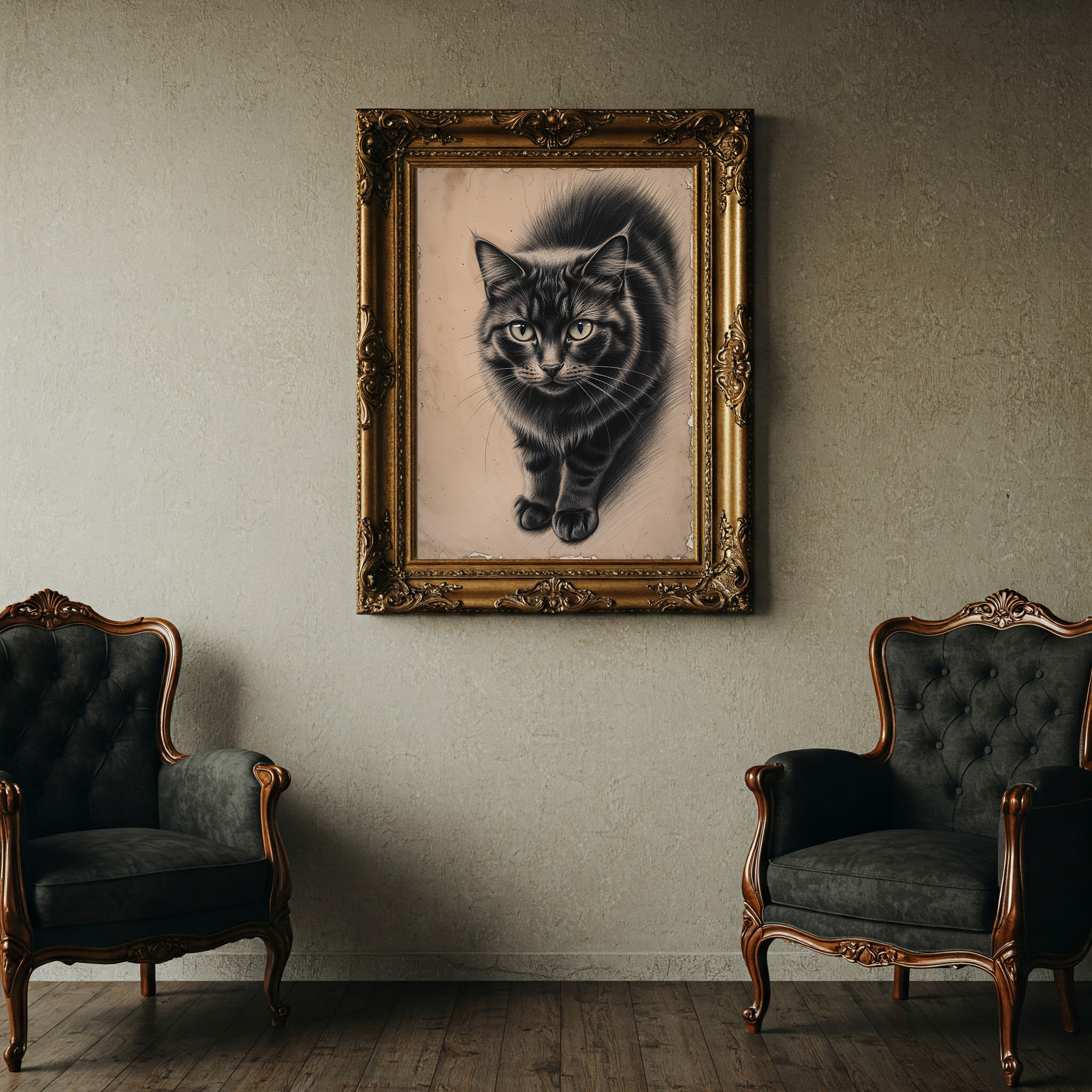 Vintage cat portrait art print by Reflectionare, featuring retro animal wall decor in digital art style on a neutral background.